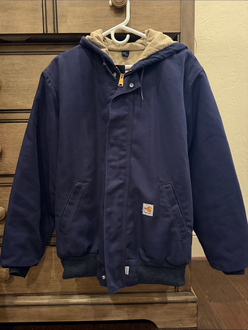 FR Carhartt Navy Hooded Work Jacket with Tan Lining